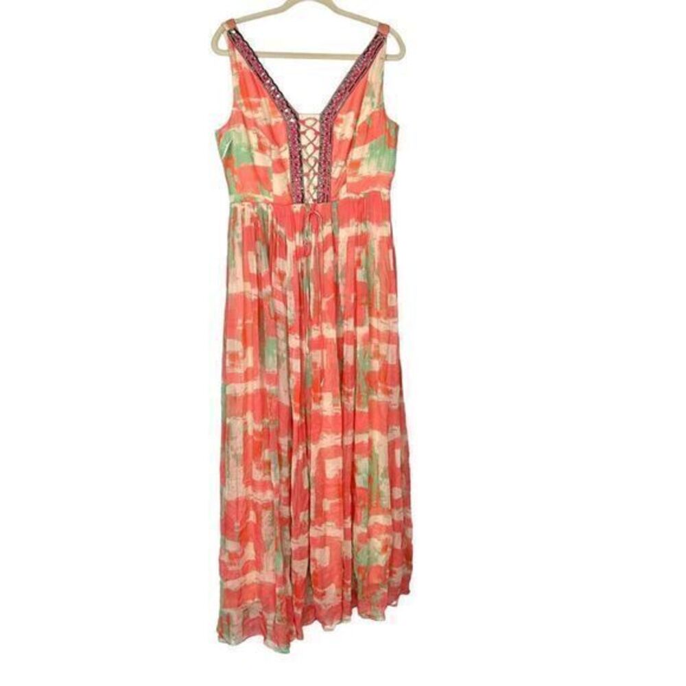 Bohemian Maxi Dress Coral Teal Flowy Lace Up Embroidered Large Pink Long Boho